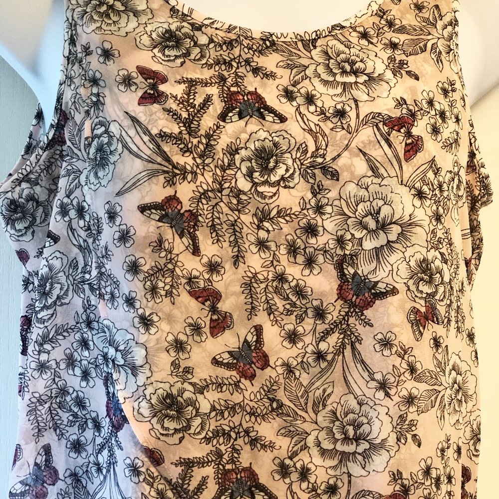 Sleeveless Floral and Butterfly Top in Blush pink, burgundy, white and blue.